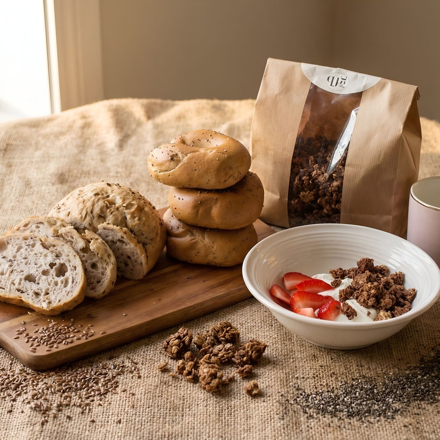 Assorted bread items, a bowl with yogurt and berries, and a bag of granola on a textured surface.